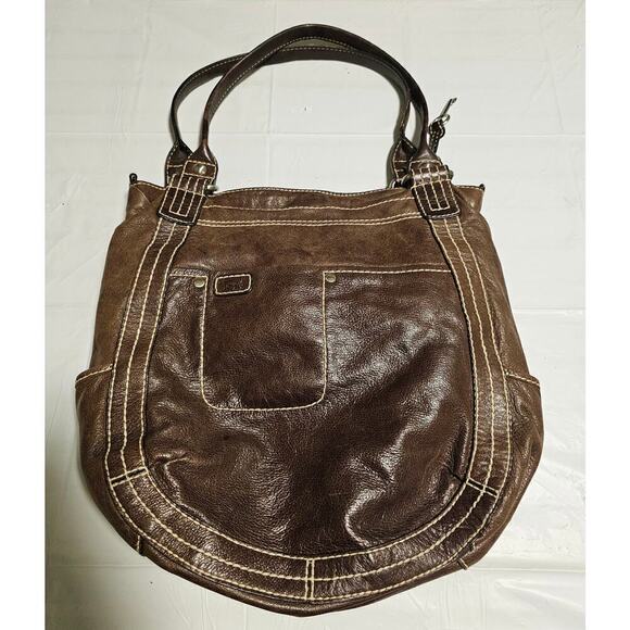 Fossil Brown Y2K leather satchel. M/L. W white stitches. Multiple pockets. Soft‎ - Picture 2 of 14